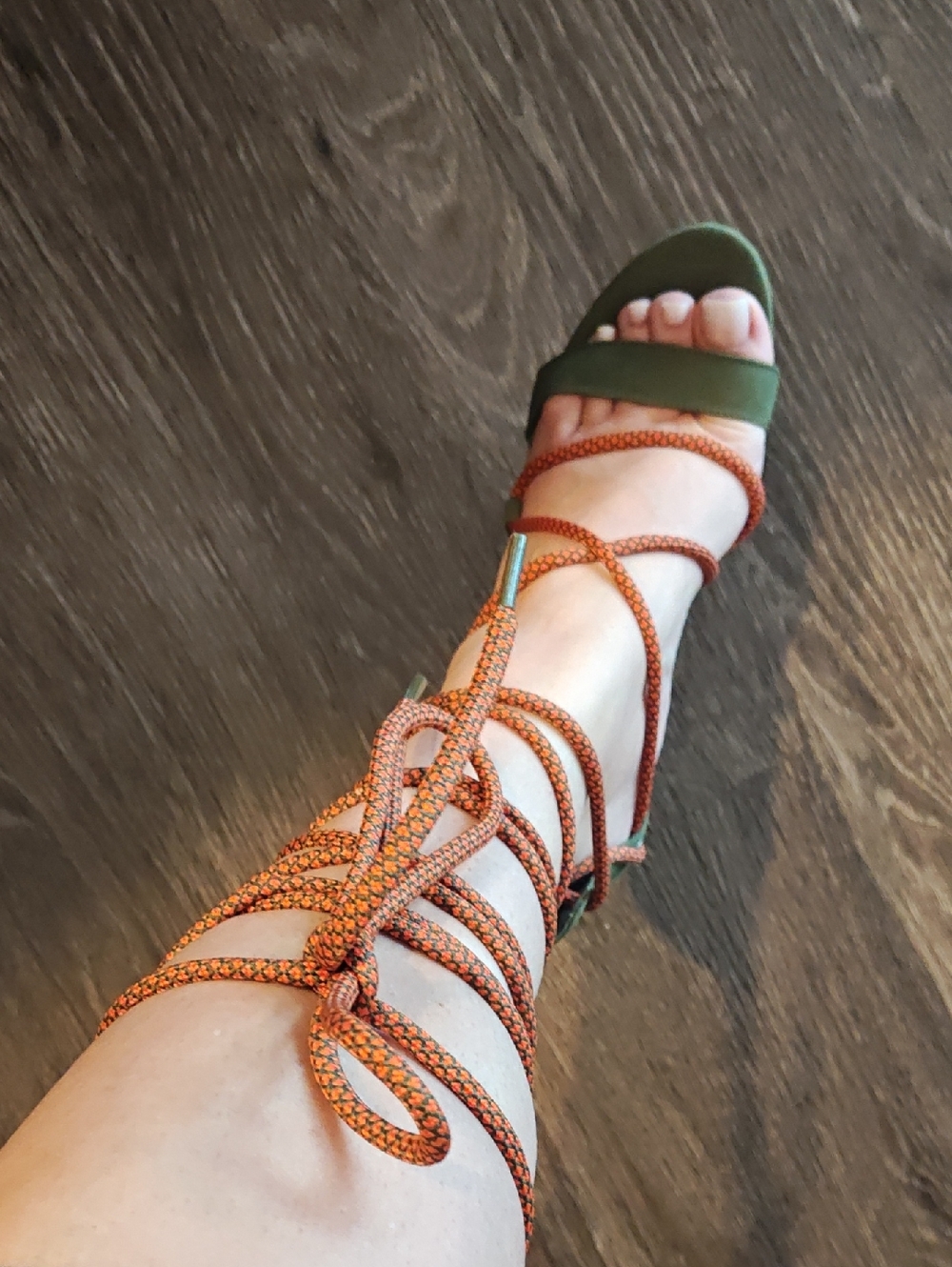 Steve Madden Olive Green Lace-Up Stiletto Sandals with Orange Rope Laces - Picture 3 of 3